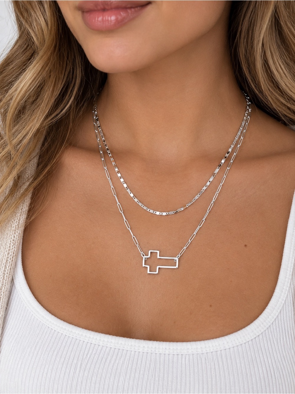 Layered Silver Cross Outline Necklace • BRAND NEW